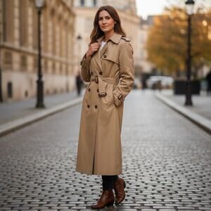 Vintage Tan Trench Coat Womens Large L 60s 70s Double Breasted Belted Long Khaki